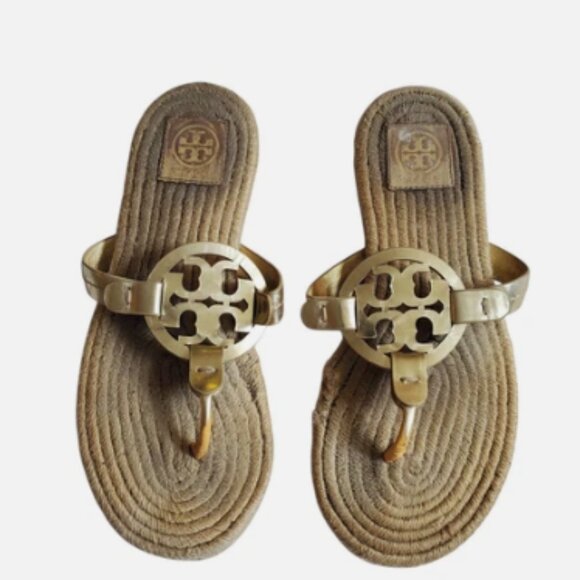 Tory Burch Gold Miller Sandals Espadrilles Straw Women 9 Thong Flip Flop - Picture 1 of 5